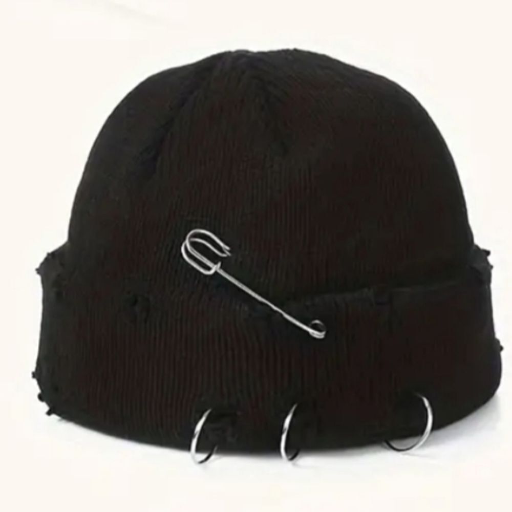 Unisex Edgy Black Knit Beanie with Metal Accents
